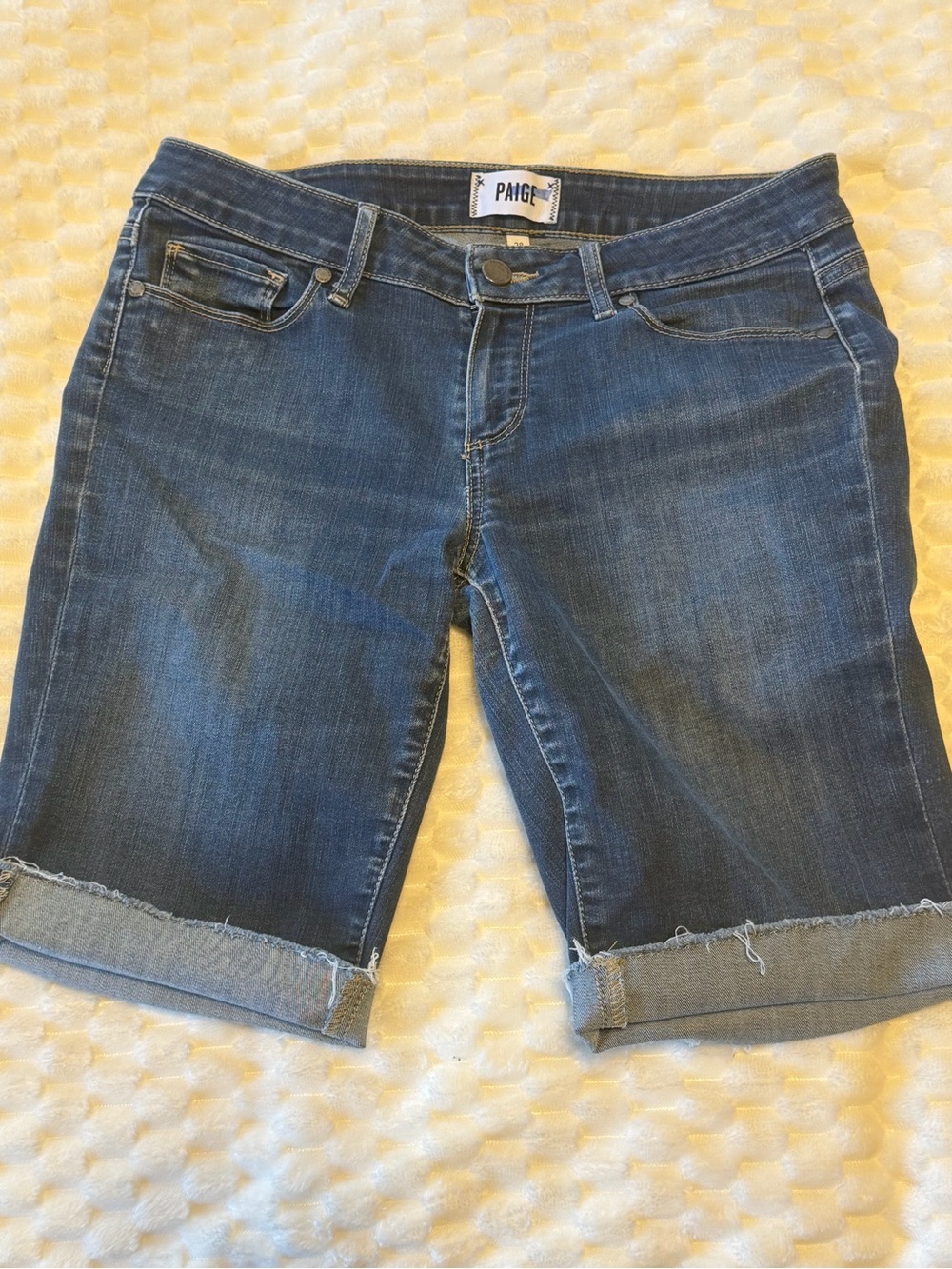PAIGE Blue Rolled Hem Denim Bermuda Shorts